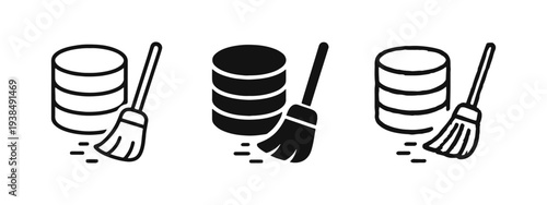 Database Cleaning and Optimization Icon Set - Server Stack with Broom Symbol for Data Purge and Maintenance