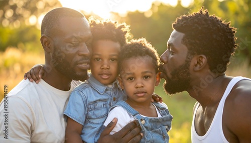 Two men embrace, holding two small children outside in warm sunlight, creating a tender family moment