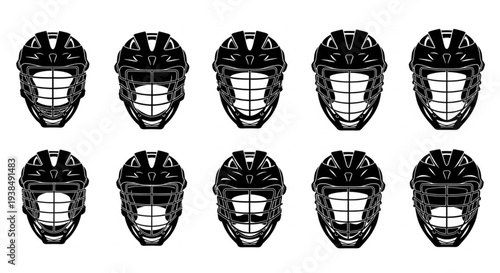 Collection of Hockey Goalie Masks in Black and White.