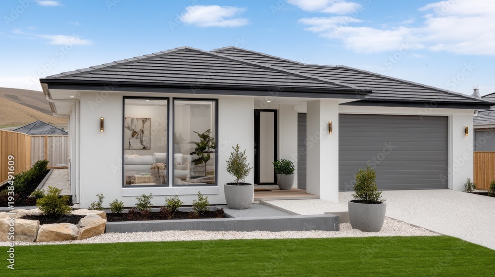 Fototapeta premium Modern house with gray roller shutters, garden, and driveway on sunny day in clear blue sky