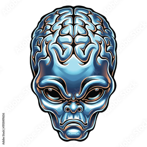 Silver Alien Head with Exposed Brain Mascot, Futuristic Alien Intelligence Vector Design Illustration.