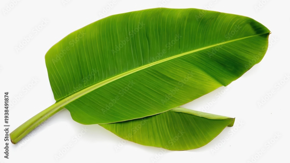 Obraz premium Two vibrant green banana leaves with visible veins isolated on a white background.