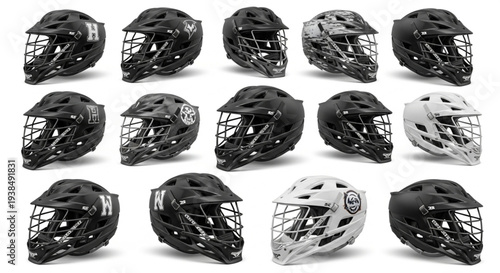 Collection of Ice Hockey Goalie Masks Displayed in Rows.