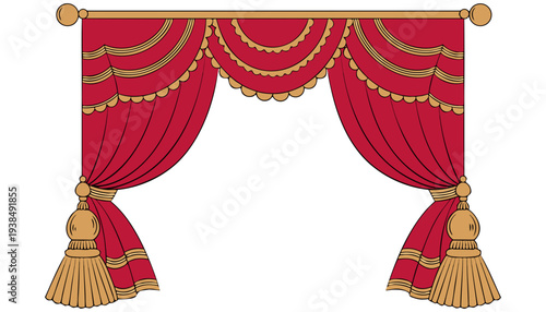 Regal curtain illustration with tassels and golden accents on a stage setting