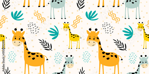 Giraffe Adorable Giraffe Seamless Pattern with Colorful Jungle Elements
