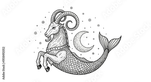 zodiac sign capricorn sea goat illustration.