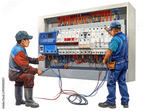 Two men fixing electrical panel with wires. Work clothes and hats. Electrical work in progress