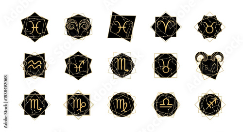 Zodiac signs in gold on black.