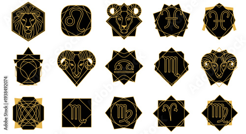 Zodiac signs in gold on black.