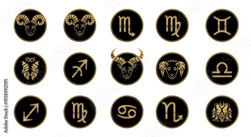 Zodiac signs icons in gold.