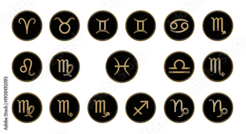 Zodiac signs icons in gold.