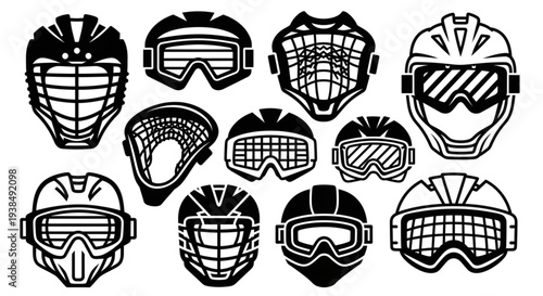 Collection of Hockey Goalie Masks and Protective Gear Illustrations.