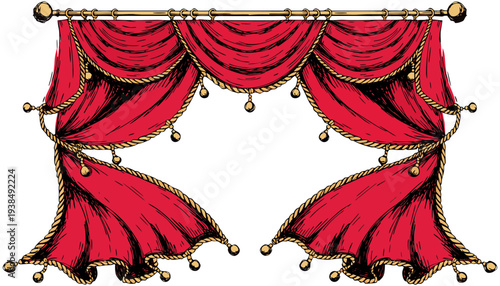 Regal red curtains illustration with golden accents and ornate details, drawn from a straight-on viewpoint.
