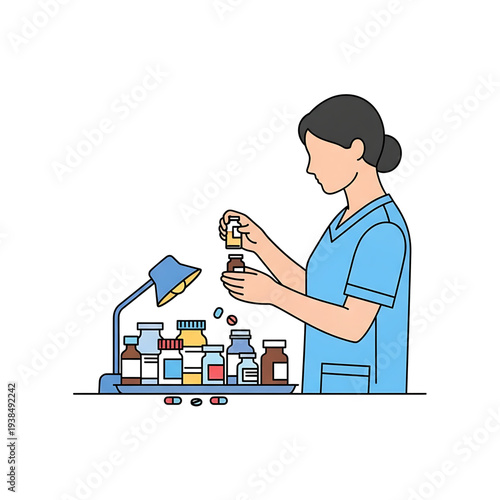 Laboratory worker arranging test tubes and chemical bottles during scientific research.