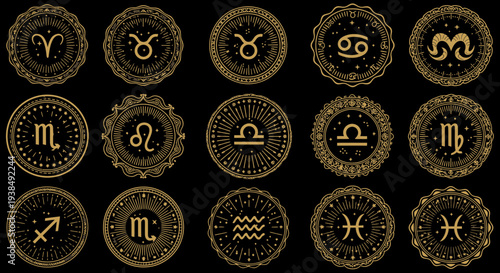 Zodiac signs in gold on black.