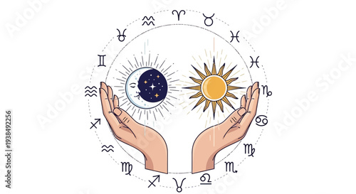 Hands holding sun and moon astrology symbols.