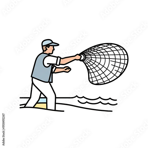 Fisherman catching fish with a large net while standing near water.