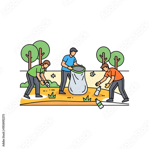 Volunteers cleaning a park area and collecting trash to protect the environment.