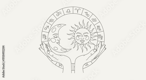 Astrology symbol with sun, moon and zodiac signs.