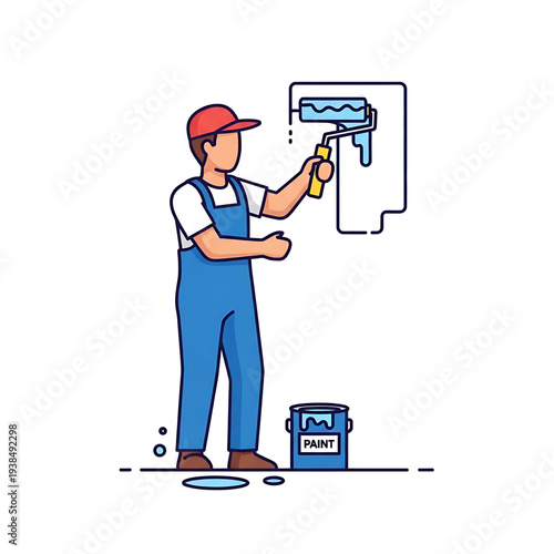 Painter applying paint to a wall using a roller during renovation work.