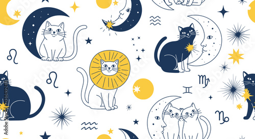 Whimsical cats in astrology pattern design.