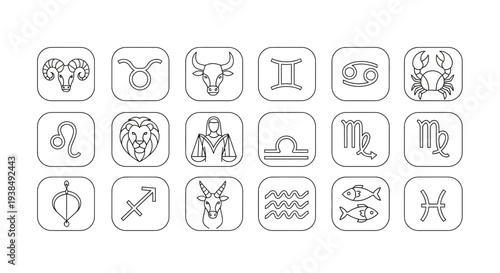 Zodiac signs icons in a grid.