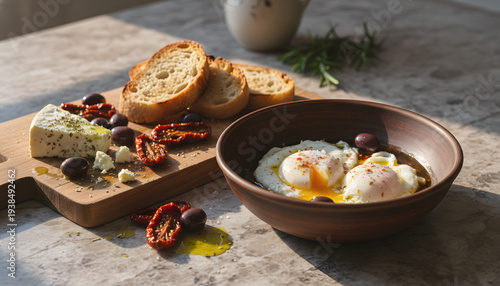 Poached eggs with feta, sun-dried tomatoes, olives, and rustic toasted bread served on a marble table for a healthy Mediterranean breakfast concept.