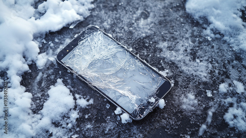 Damaged smartphone with a frozen, cracked screen lying on icy ground covered in snow for technology breakdown concept and winter risk