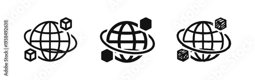 Global data and blockchain network with cubes around globe icon set. Worldwide logistics and digital technology vector illustration.