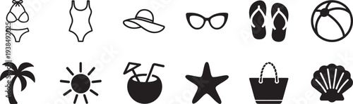 Beach bikini for women icon set. Summer swimwear outline symbols for fashion, travel and seaside themes.