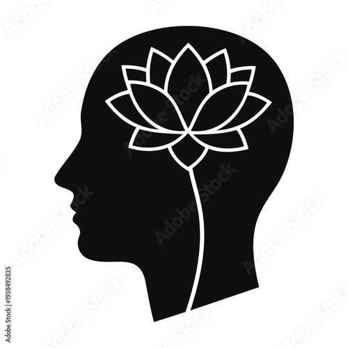 Minimalist Human Head Silhouette with Lotus Flower for Mental Health Concept