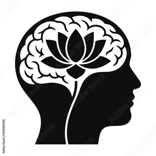 Mindfulness and Mental Health Concept Silhouette with Lotus Flower in Brain