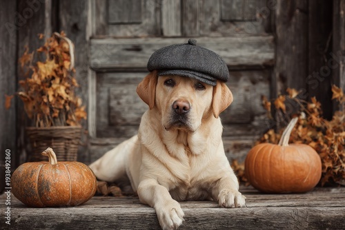 Labrador Retriever dog, beige color, with stylish flat cap, sitting on rustic wooden porch with pumpkins, elegant autumn postcard retro style. Dogs like humans. Pet care.