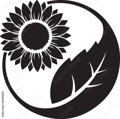 Simple black and white illustration of a sunflower and leaf in a circular frame