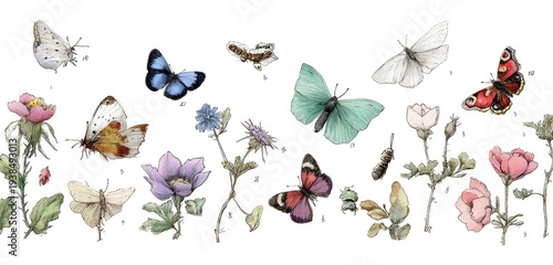 Watercolor illustration of various butterflies and flowers arranged in a horizontal border design