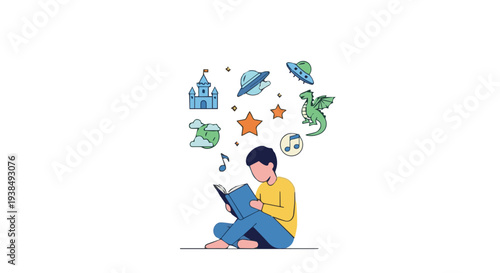Young person reading book surrounded by knowledge icons and imagination elements, suitable for education inspiration, self learning and study motivation themes
