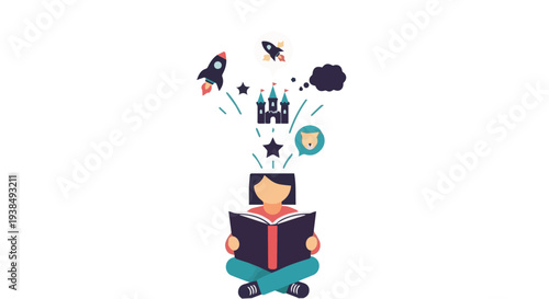 Child reading book with imagination icons flying out, suitable for creative education themes, children storytelling, learning campaigns and literacy programs