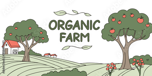 A serene scene of an organic farm with trees and a house in the background. Vector