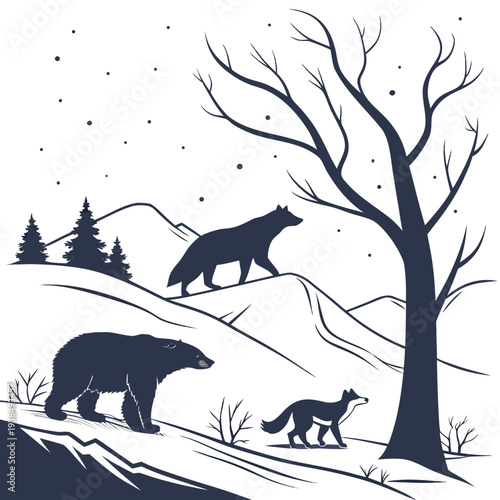 A serene winter scene with wolves and a bare tree on a snowy hillside Vector