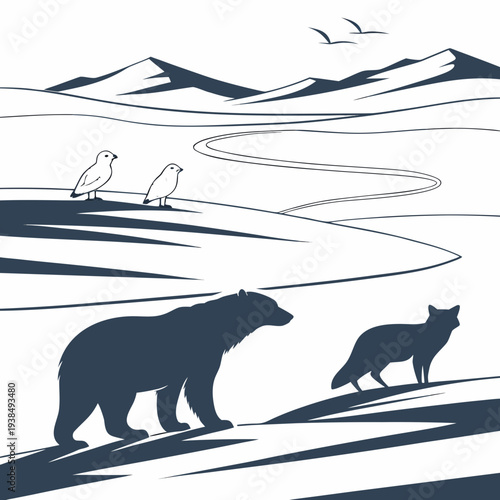 Two bears walking on a snowy mountain path with a scenic background. Vector