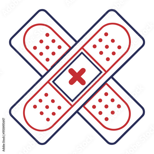 Four bandages with a red cross symbol in the center arranged in an x shape Vector