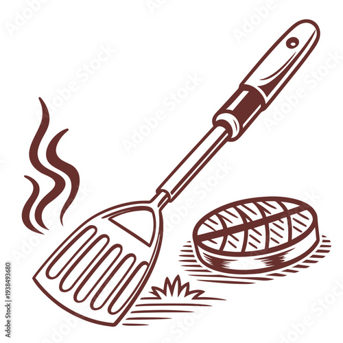 A grilling spatula and a piece of meat on a barbecue grill. Vector