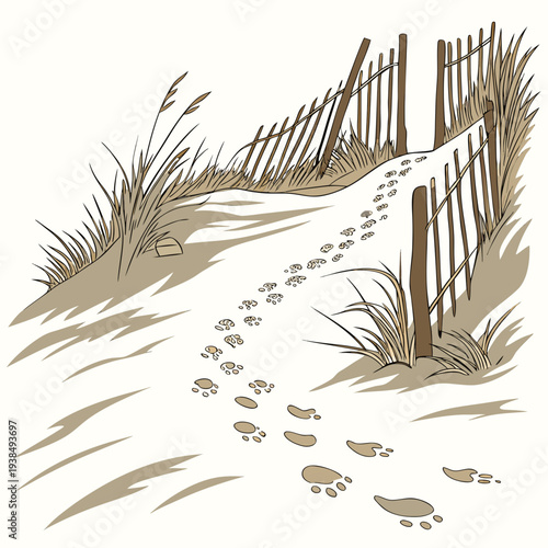 A serene beach scene with footprints leading towards the water Vector