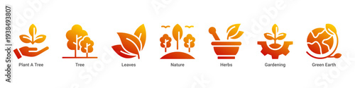Forest Growth web banner icon vector illustration featuring Plant A Tree,Tree,Leaves,Nature,Herbs,Gardening,and Green Earth icons symbolizing ecosystem restoration.