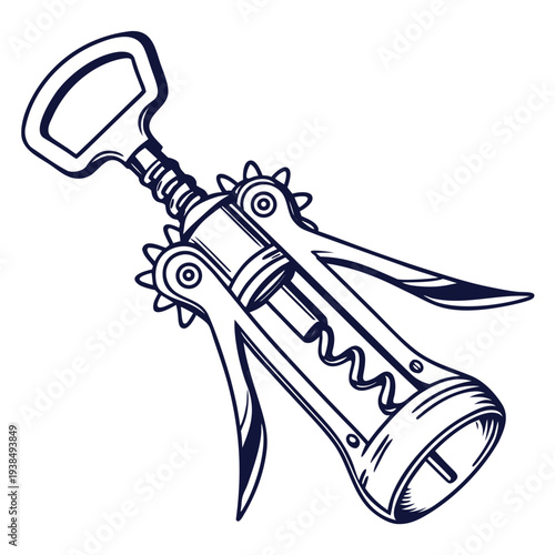 A detailed illustration of a corkscrew with a lever mechanism and a bottle opener. Vector