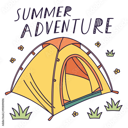 A vibrant summer adventure scene featuring a colorful tent in a lush green field. Vector