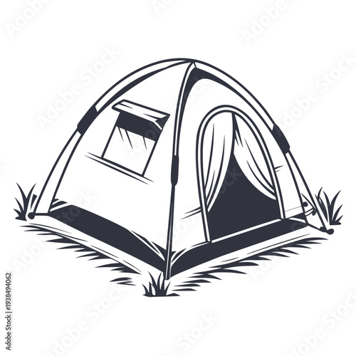 A detailed illustration of a tent pitched on a grassy field with a window visible Vector