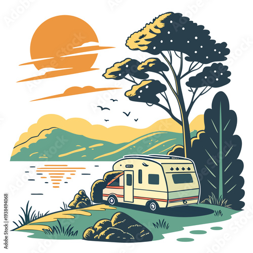 A serene campsite at sunset with a camper van and scenic landscape Vector