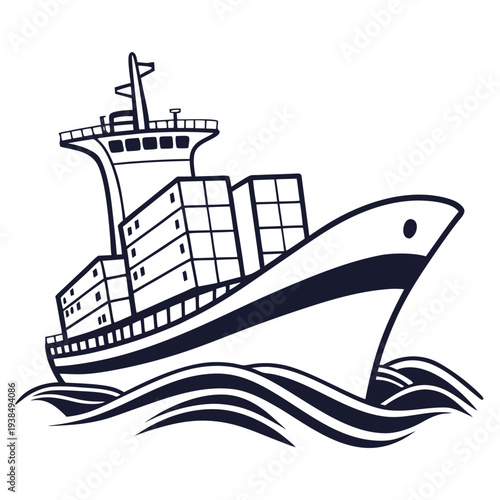 A large cargo ship sailing on a choppy sea with a lighthouse in the background. Vector