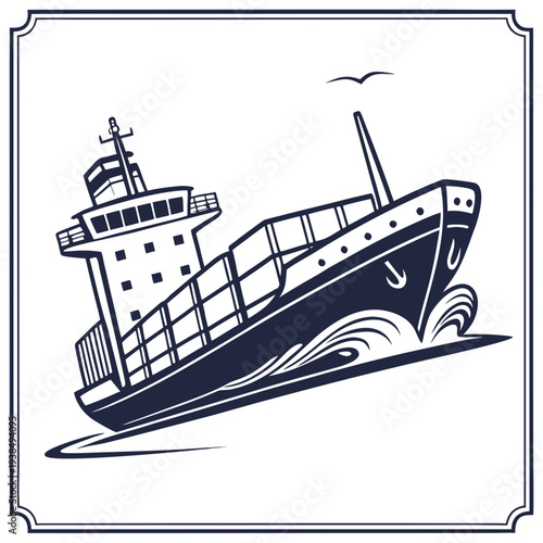 A large cargo ship sailing on a calm sea with a clear blue sky in the background Vector